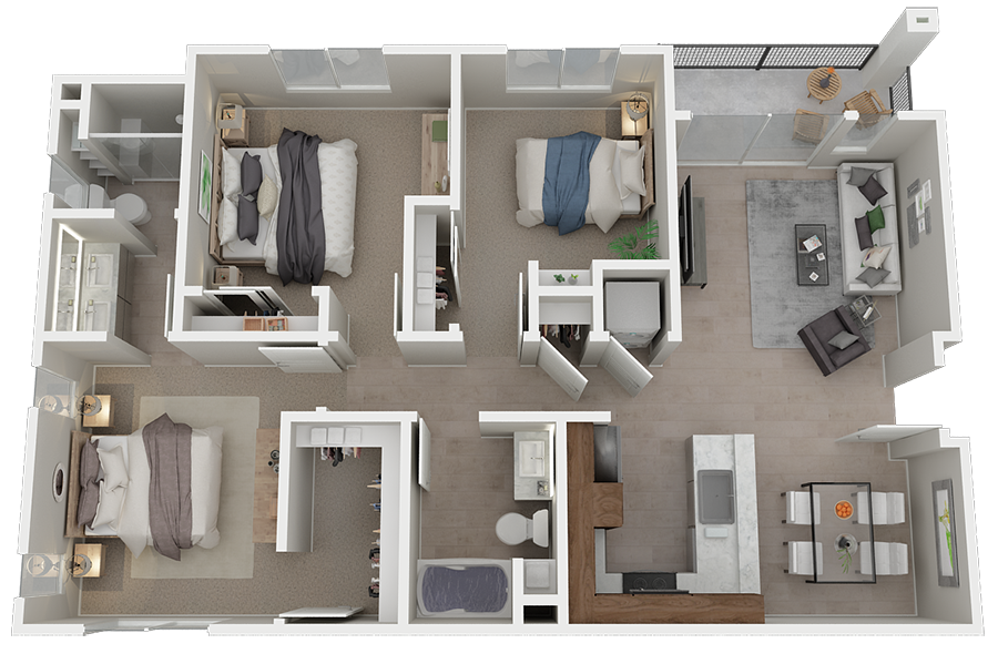 Floor plan for 3 beds, 2 baths, 1296 sqft